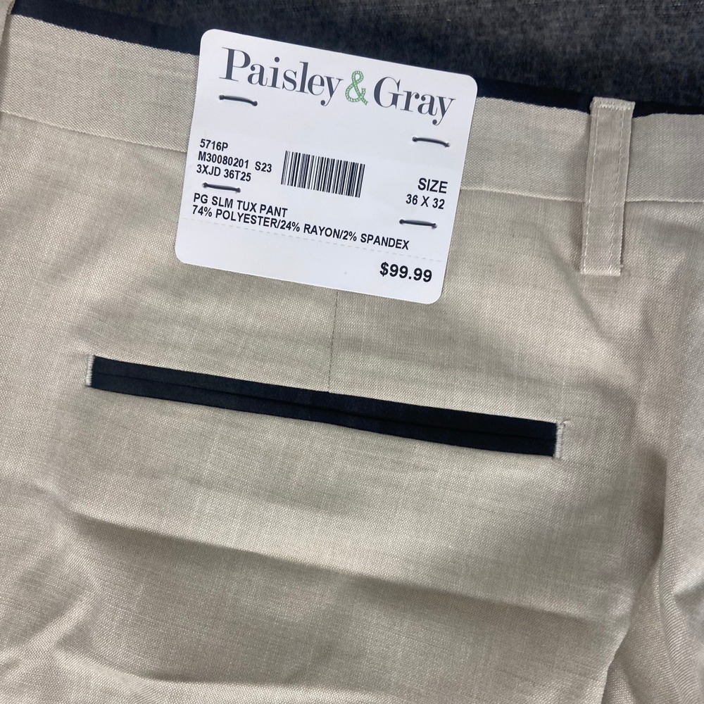 Paisley & Gray Men's Slim Fit Tuxedo Dress Pants 36x32 Black Stripe Beige - Picture 5 of 8
